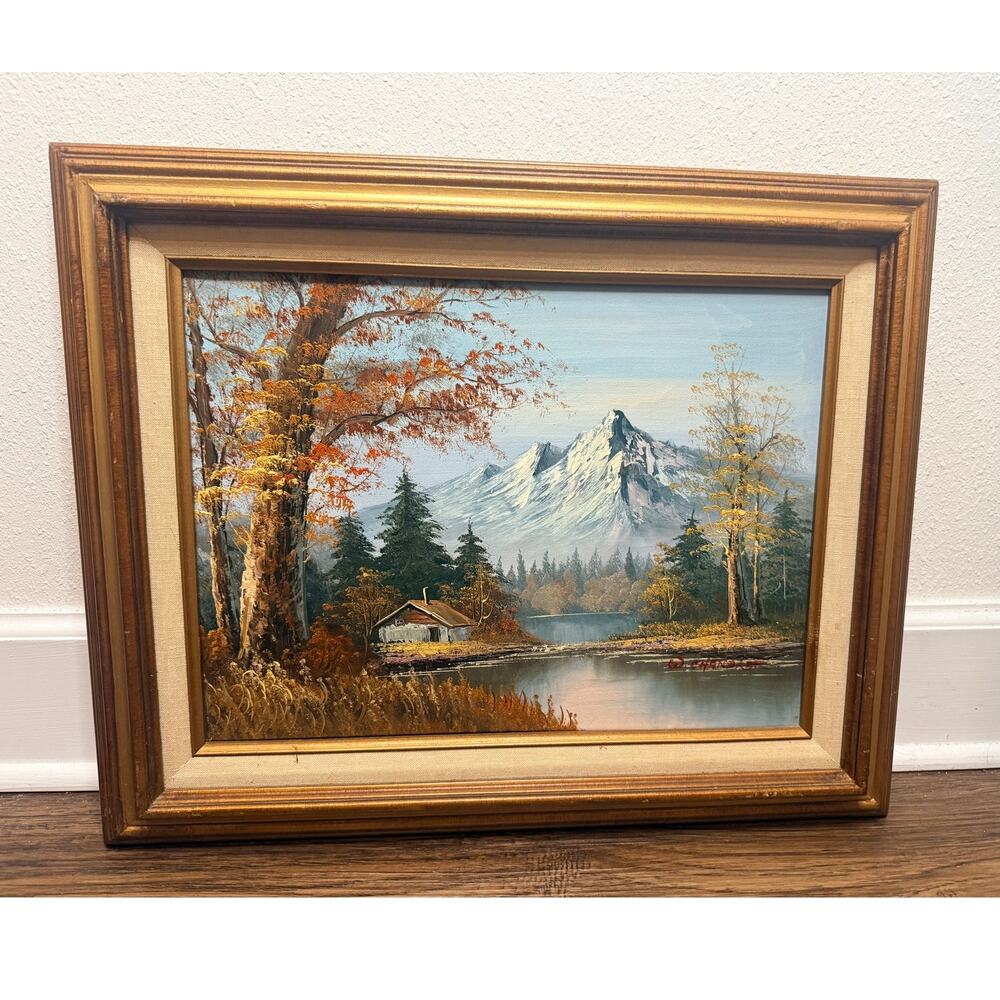 Vintage Signed W Chandler Oil Painting Mountain Lake Cabin Framed Wall Art 21x17